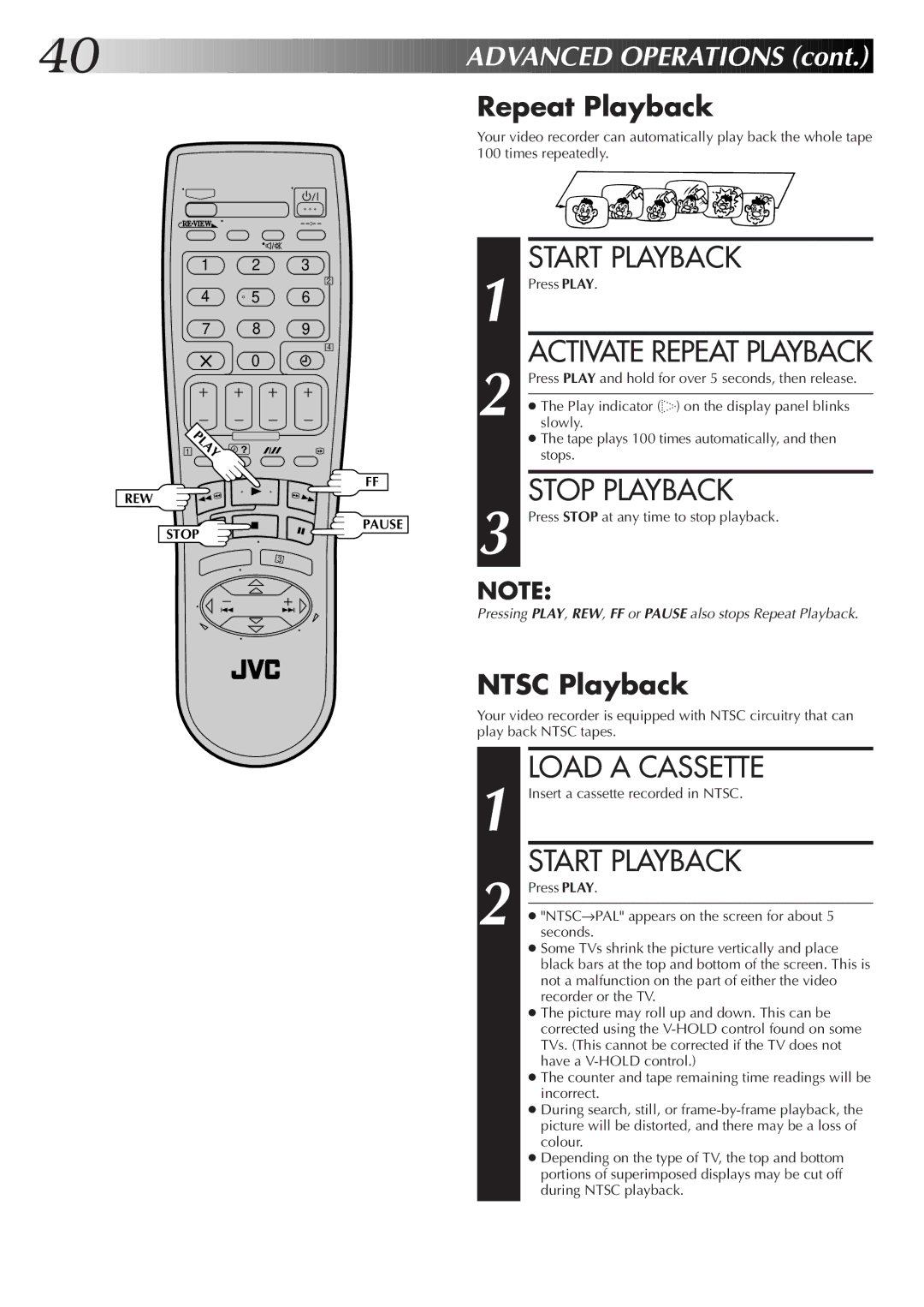 JVC HR-S6722EK setup guide Ntsc Playback, Activate Repeat Playback 