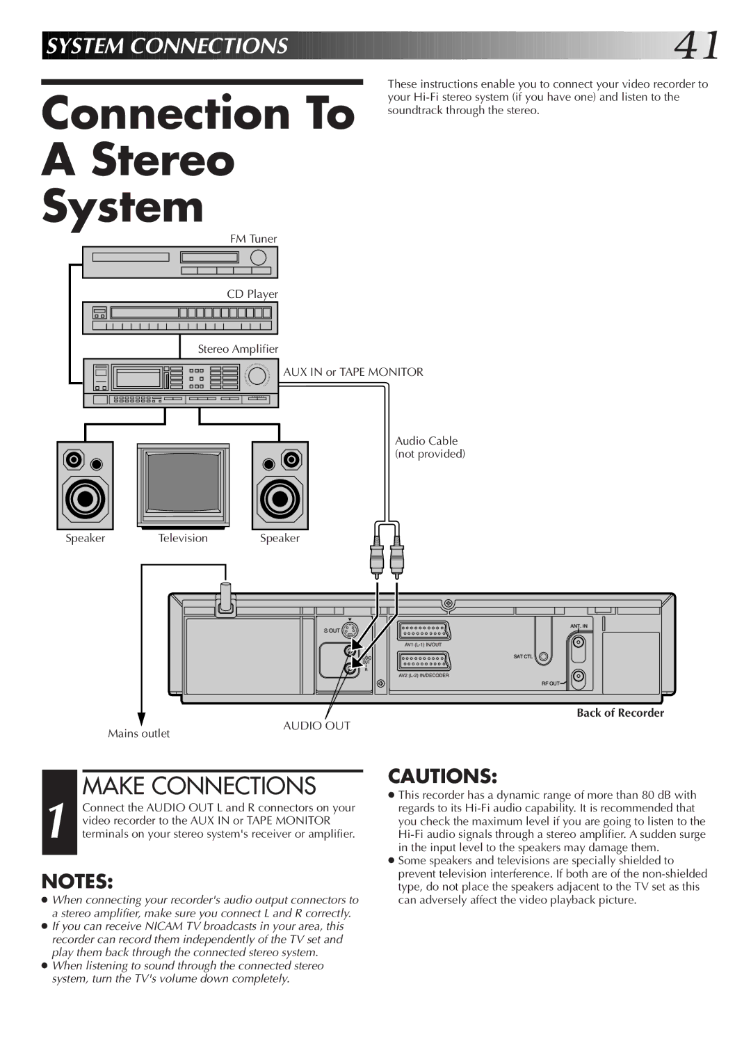 JVC HR-S6722EK setup guide Connection To Stereo System, Speaker Television Mains outlet 