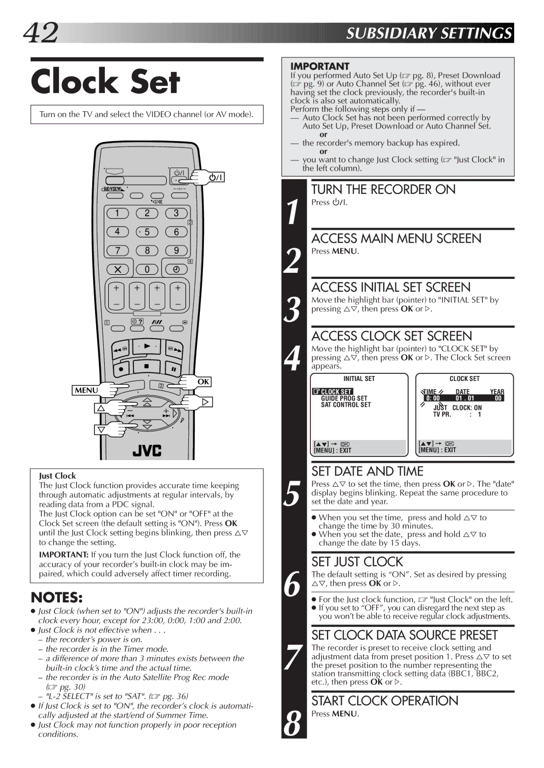 JVC HR-S6722EK setup guide Clock Set, Just Clock 