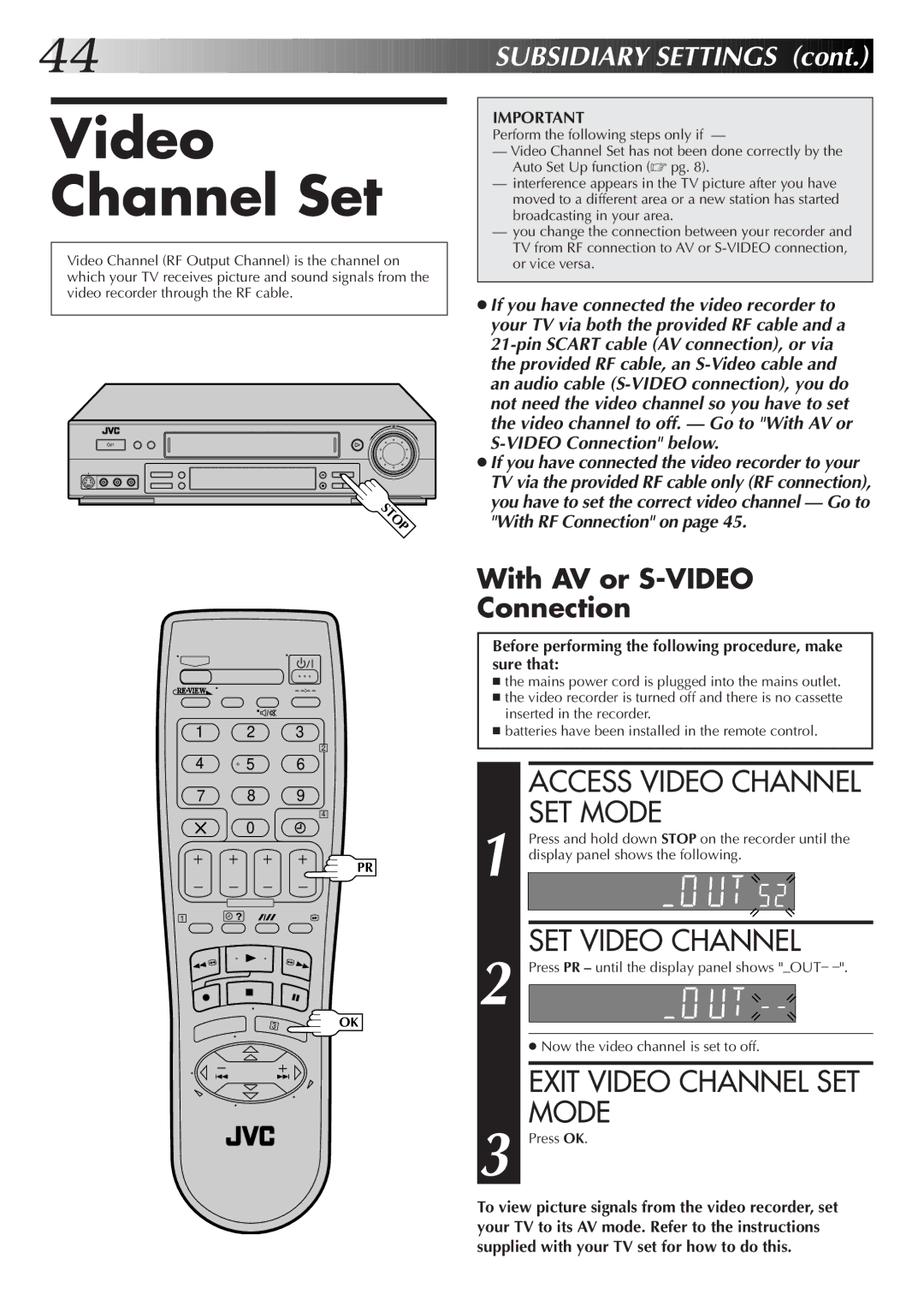 JVC HR-S6722EK setup guide Video Channel Set, Access Video Channel SET Mode, SET Video Channel, Exit Video Channel SET Mode 