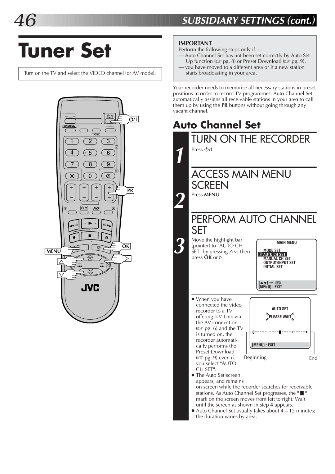 JVC HR-S6722EK setup guide Tuner Set, Perform Auto Channel SET, Auto Channel Set 