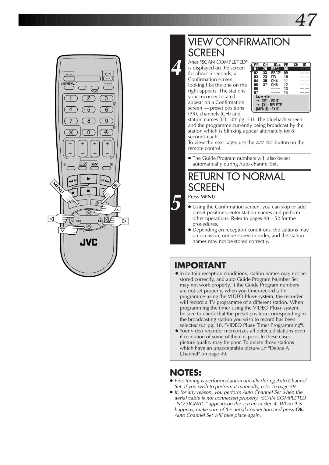 JVC HR-S6722EK After Scan Completed, Is displayed on the screen, For about 5 seconds, a, Confirmation screen, Procedures 