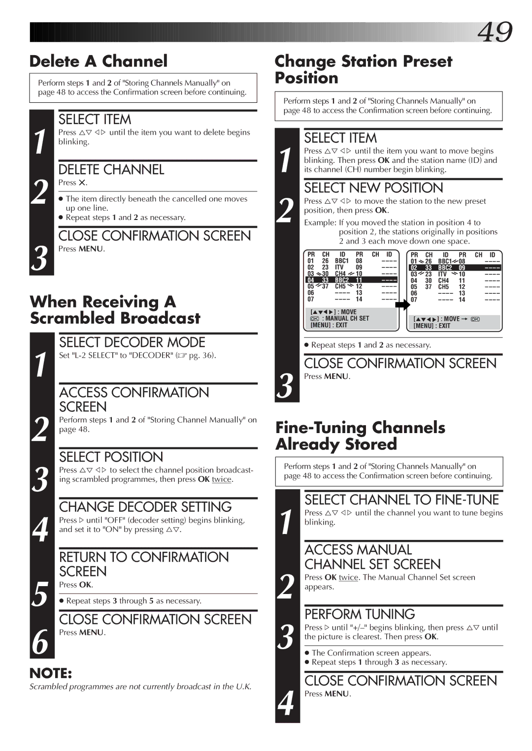 JVC HR-S6722EK setup guide Delete a Channel, When Receiving a Scrambled Broadcast, Change Station Preset Position 