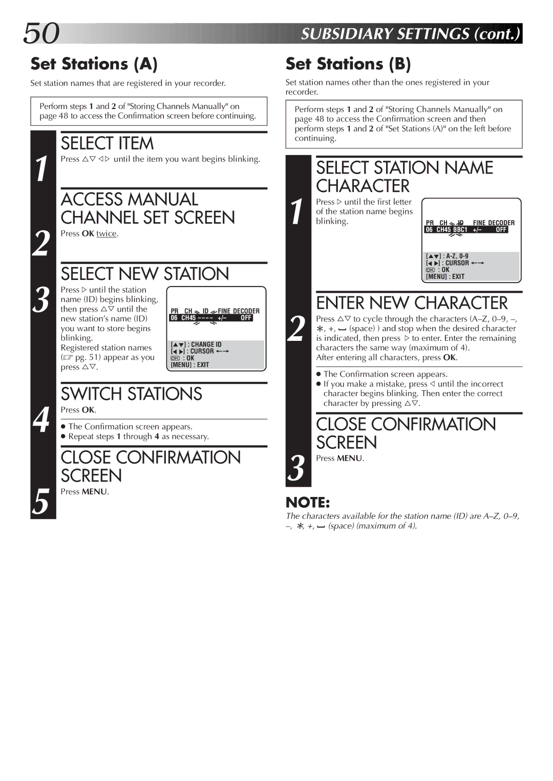 JVC HR-S6722EK setup guide Access Manual, Channel SET Screen, Select NEW Station, Switch Stations, Close Confirmation 