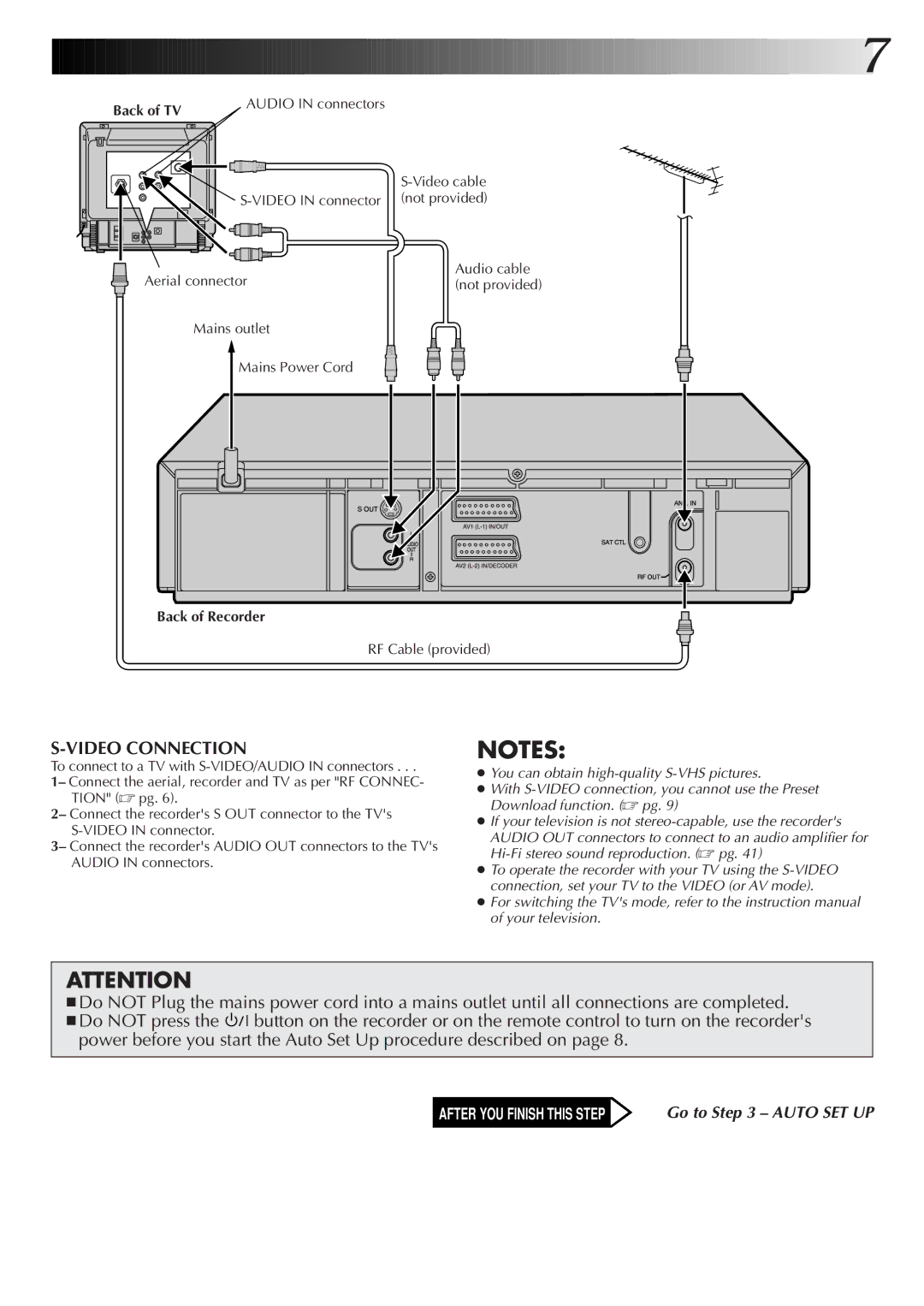 JVC HR-S6722EK setup guide Video Connection, Mains outlet Mains Power Cord 