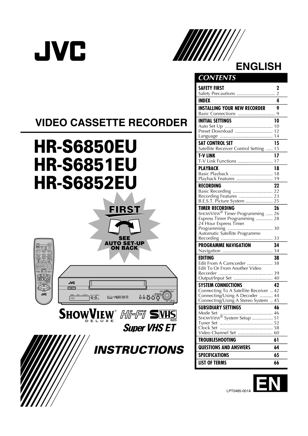 JVC HR-S6852EU, HR-S6850EU, HR-S6851EU specifications Video Cassette Recorder 