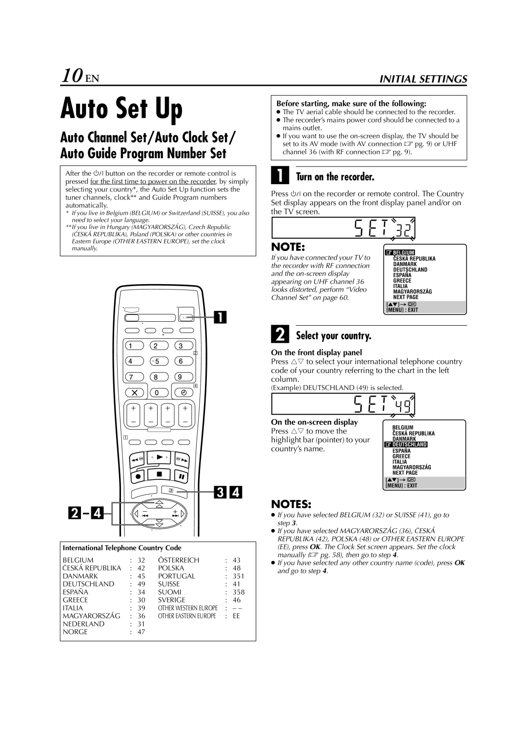 JVC HR-S6852EU, HR-S6850EU, HR-S6851EU specifications Auto Set Up, 10 EN, Turn on the recorder, Select your country 