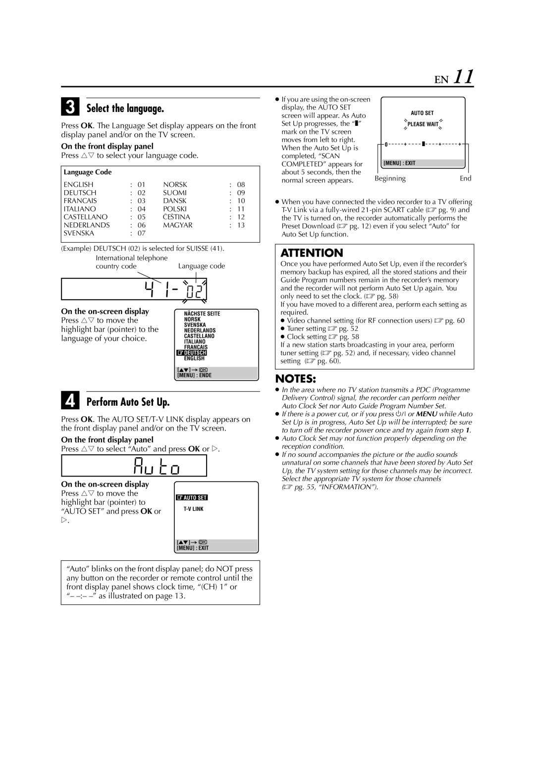 JVC HR-S6851EU Select the language, Perform Auto Set Up, Press rt to select your language code, As illustrated on 