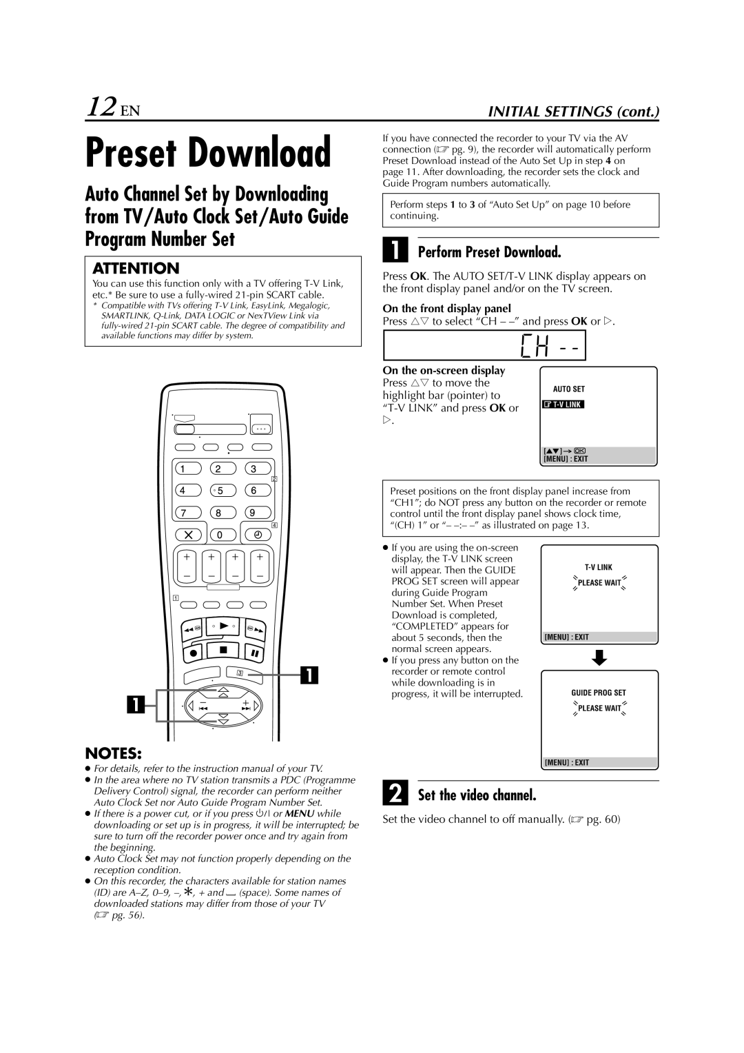 JVC HR-S6850EU 12 EN, Perform Preset Download, Set the video channel, Press rt to select CH - and press OK or e 