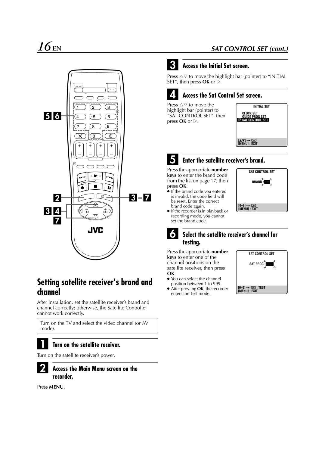 JVC HR-S6852EU, HR-S6850EU, HR-S6851EU specifications 16 EN, Setting satellite receivers brand and channel 