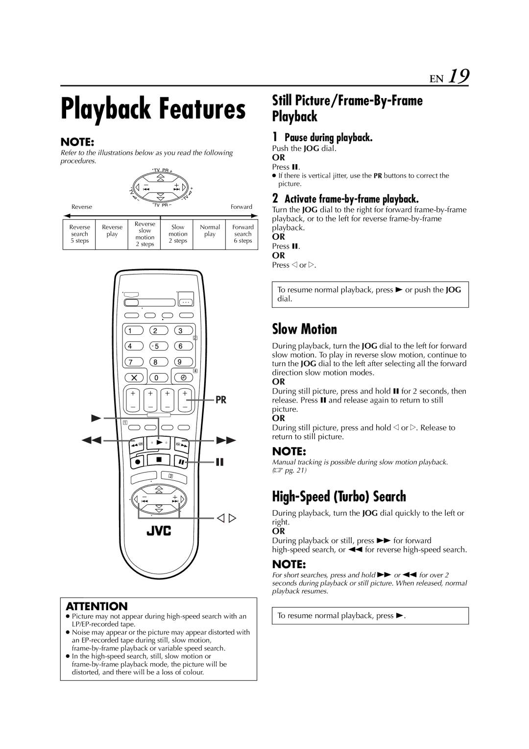 JVC HR-S6852EU, HR-S6850EU Slow Motion, High-Speed Turbo Search, Pause during playback, Activate frame-by-frame playback 