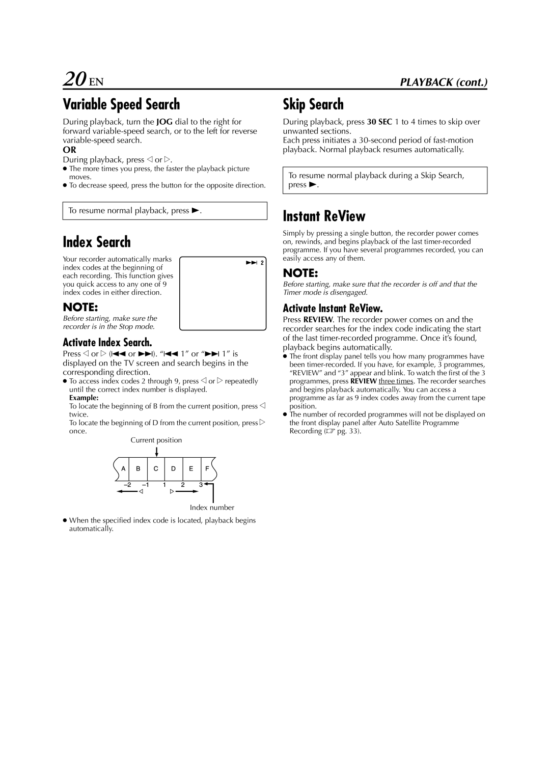 JVC HR-S6851EU, HR-S6850EU, HR-S6852EU specifications 20 EN, Variable Speed Search, Index Search, Skip Search, Instant ReView 