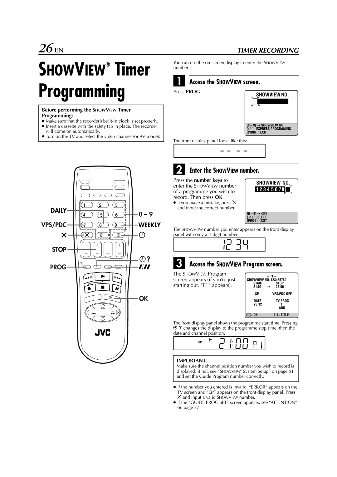 JVC HR-S6851EU 26 EN, Access the Showview screen, Enter the Showview number, Access the Showview Program screen 