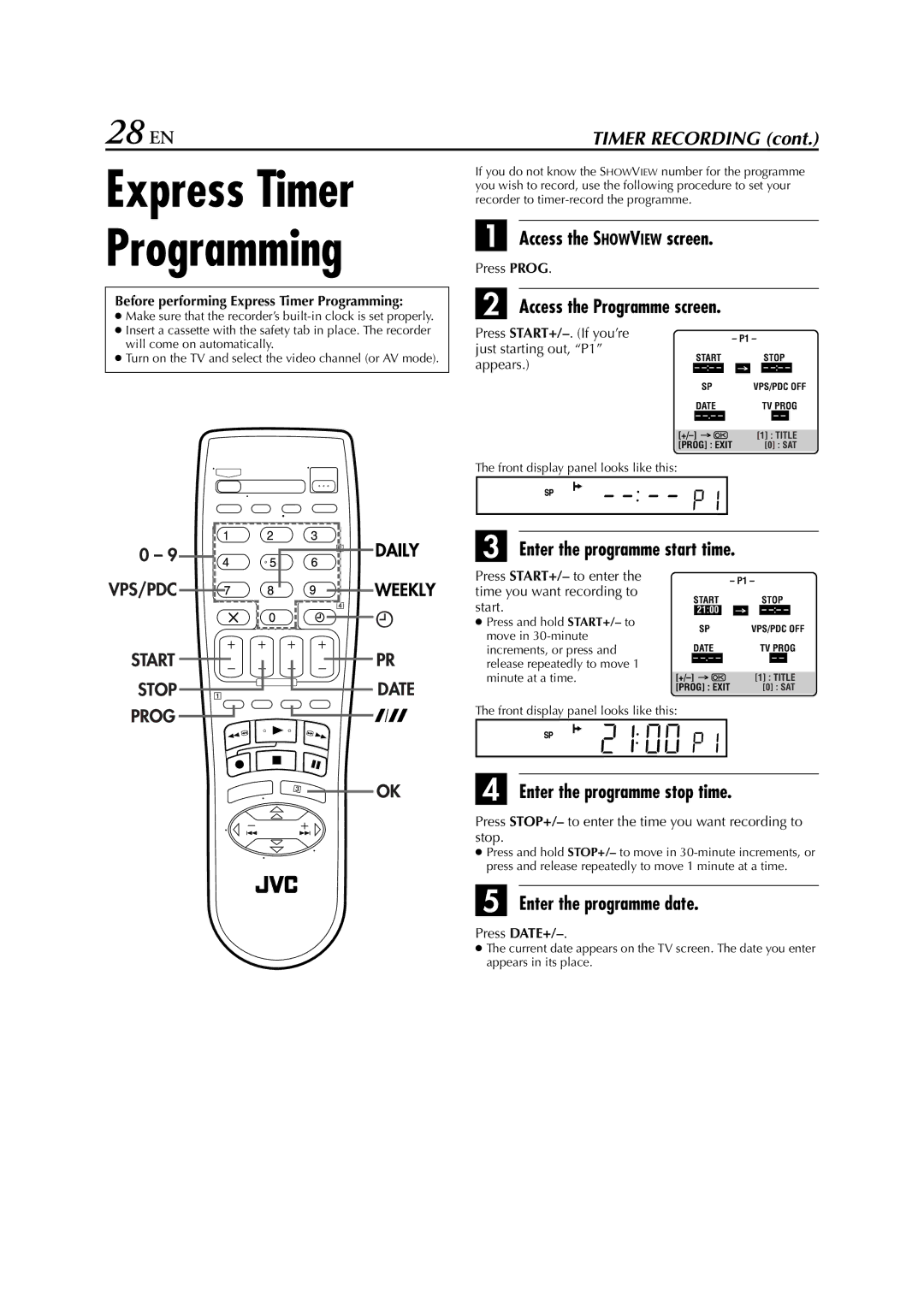 JVC HR-S6852EU, HR-S6850EU, HR-S6851EU specifications Express Timer Programming, 28 EN 