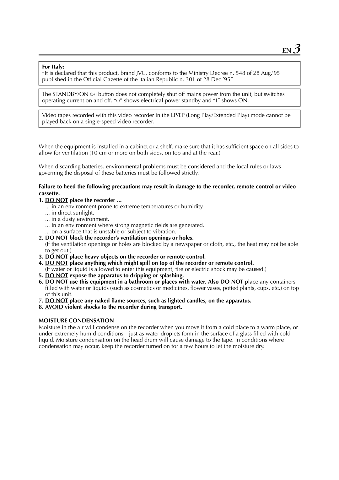 JVC HR-S6850EU, HR-S6852EU, HR-S6851EU specifications Moisture Condensation 