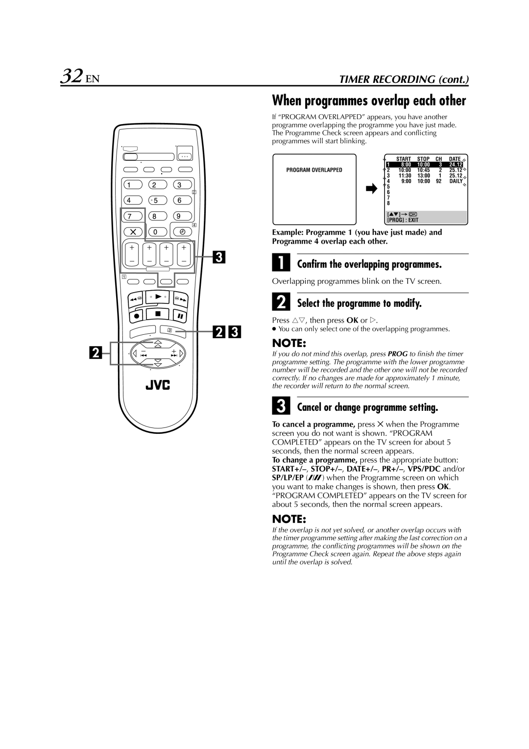 JVC HR-S6851EU Confirm the overlapping programmes, Select the programme to modify, Cancel or change programme setting 