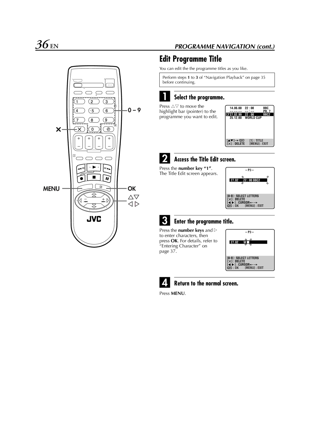 JVC HR-S6850EU, HR-S6852EU, HR-S6851EU specifications 36 EN, Edit Programme Title, Select the programme 