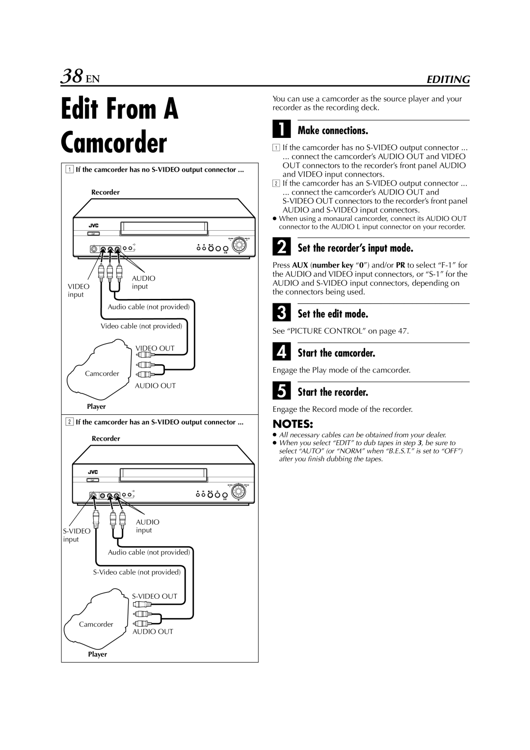 JVC HR-S6851EU, HR-S6850EU, HR-S6852EU specifications Edit From a Camcorder, 38 EN 