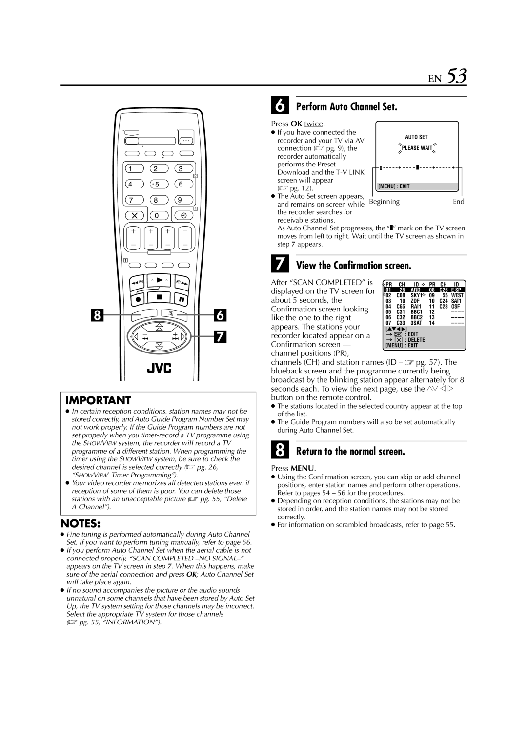 JVC HR-S6851EU, HR-S6850EU, HR-S6852EU specifications Perform Auto Channel Set, View the Confirmation screen, Press OK twice 