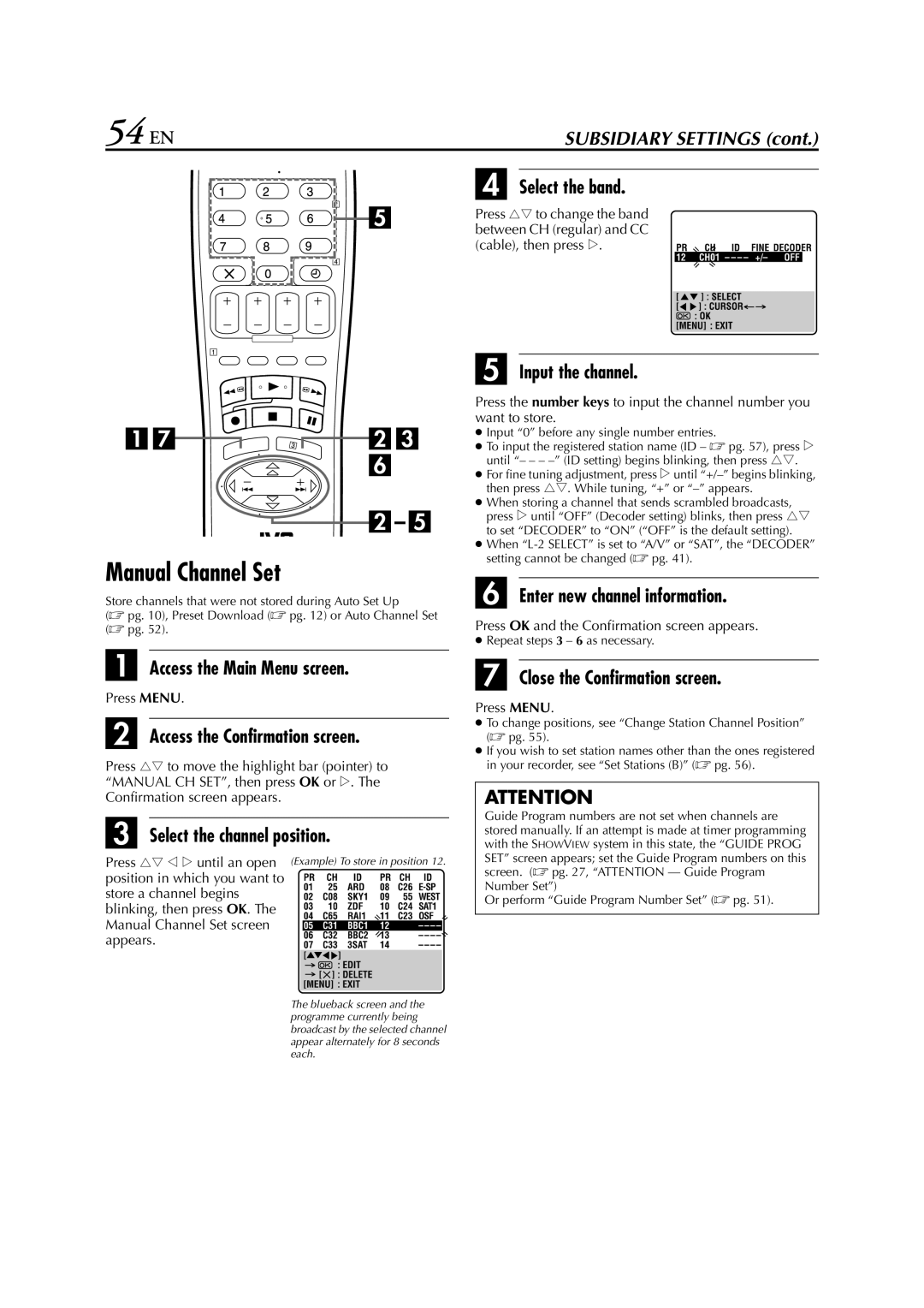 JVC HR-S6850EU, HR-S6852EU, HR-S6851EU specifications 54 EN, Manual Channel Set 