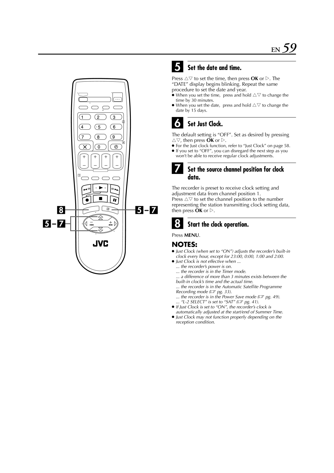 JVC HR-S6851EU, HR-S6850EU Set the date and time, Set Just Clock, Set the source channel position for clock data 