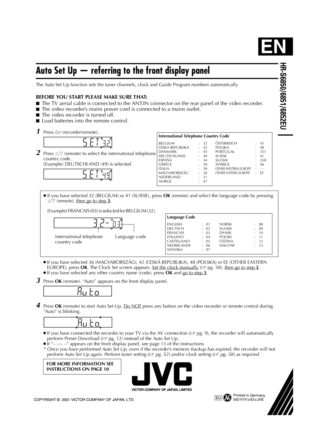 JVC HR-S6851EU, HR-S6850EU, HR-S6852EU specifications International telephone Language code, Country code 