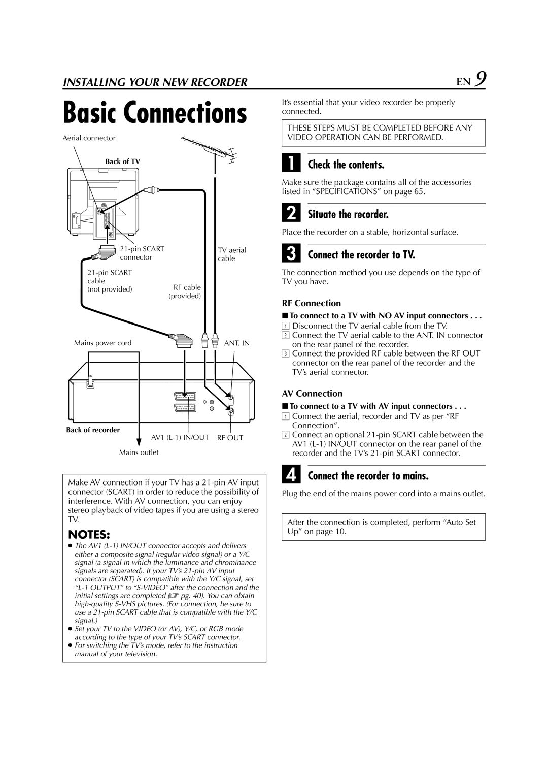 JVC HR-S6850EU Check the contents, Situate the recorder, Connect the recorder to TV, Connect the recorder to mains 