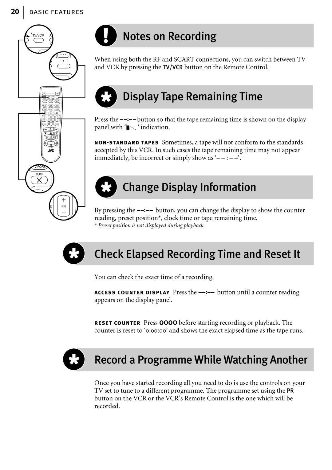 JVC HR-S6857EK manual Display Tape Remaining Time, Change Display Information, Check Elapsed Recording Time and Reset It 