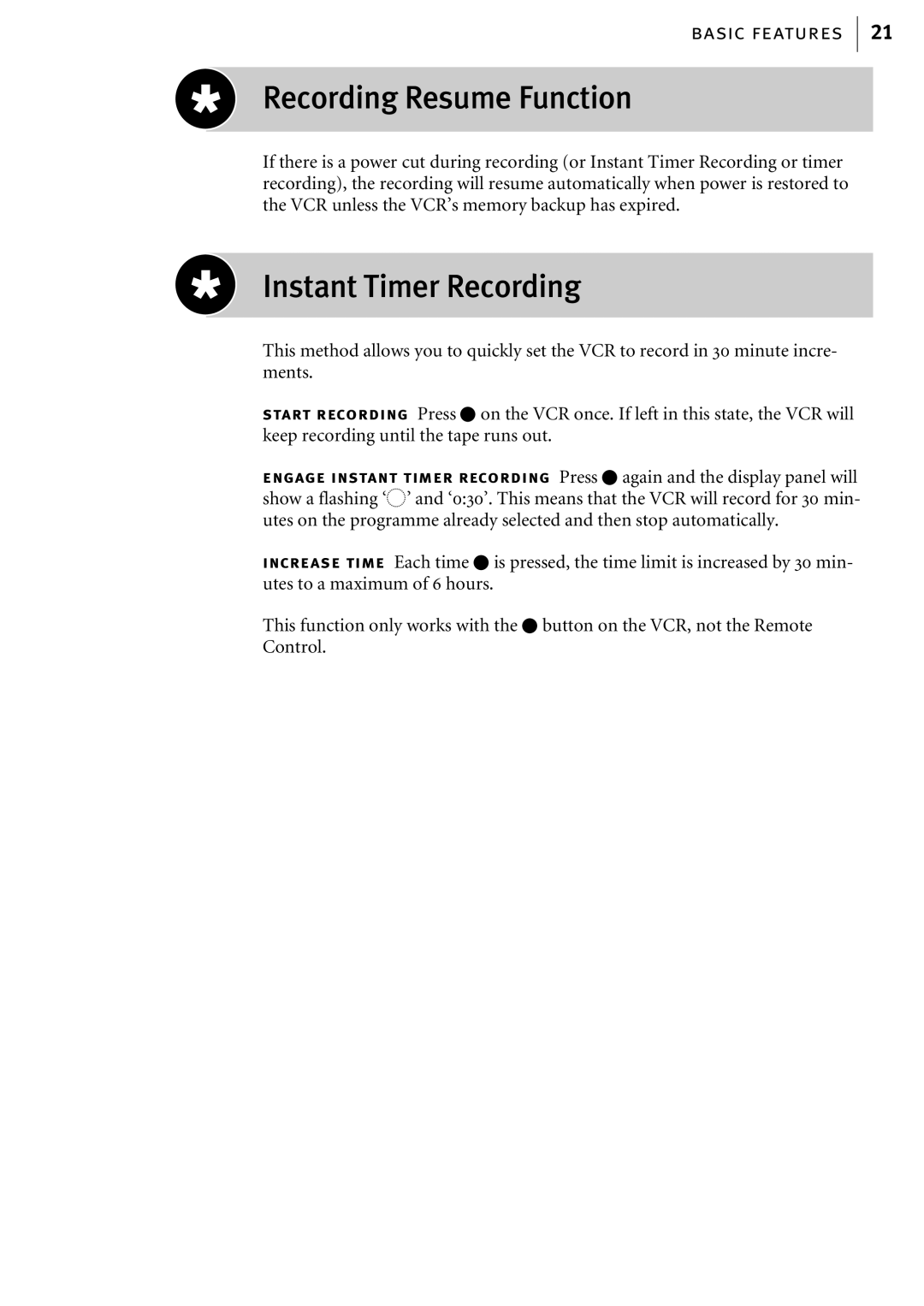 JVC HR-S6855EK, HR-S6856EK, HR-S6857EK manual Recording Resume Function, Instant Timer Recording 