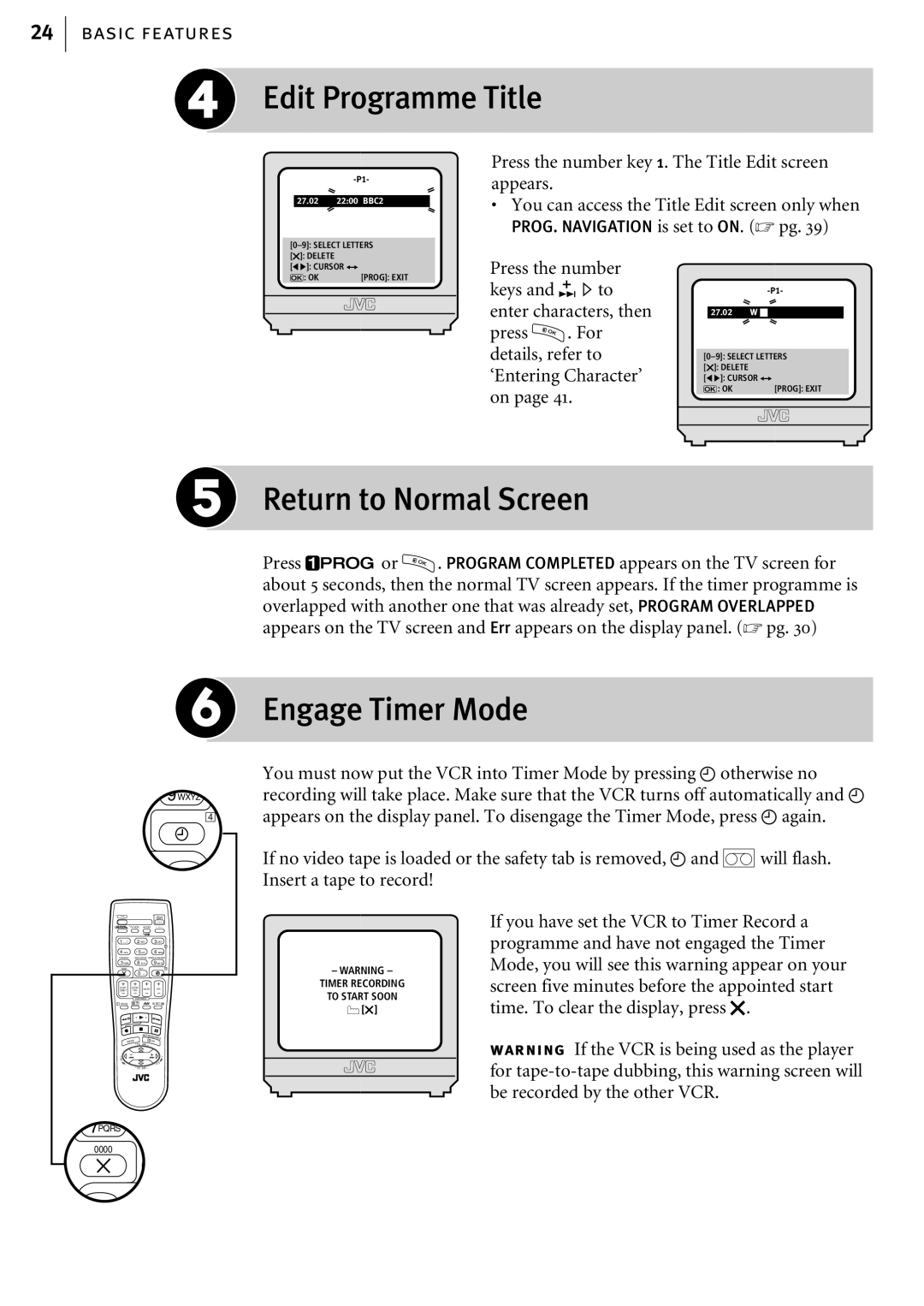 JVC HR-S6855EK, HR-S6856EK, HR-S6857EK manual Edit Programme Title, Return to Normal Screen, Engage Timer Mode 