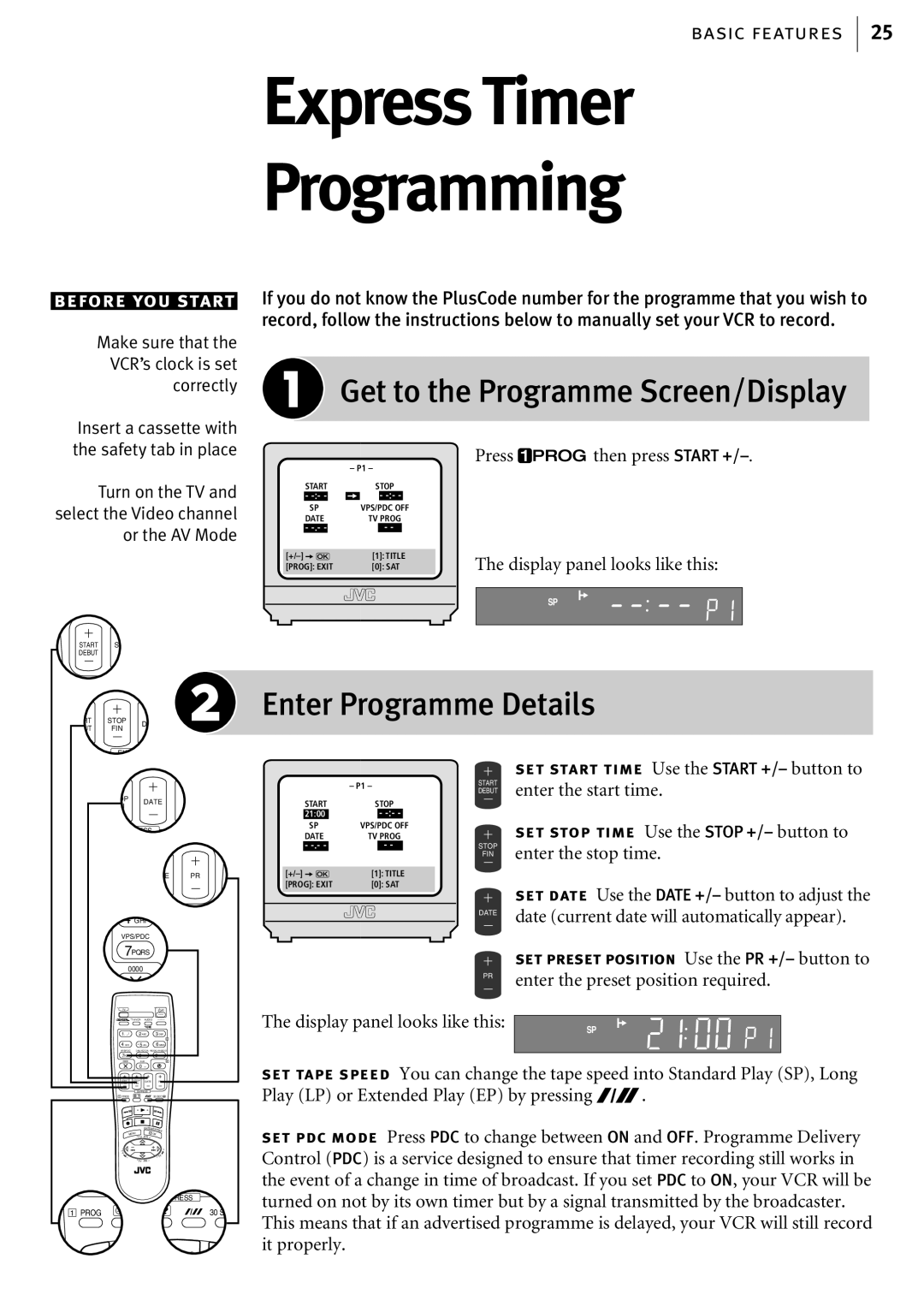 JVC HR-S6856EK, HR-S6855EK manual Express Timer Programming, Get to the Programme Screen/Display, Enter Programme Details 