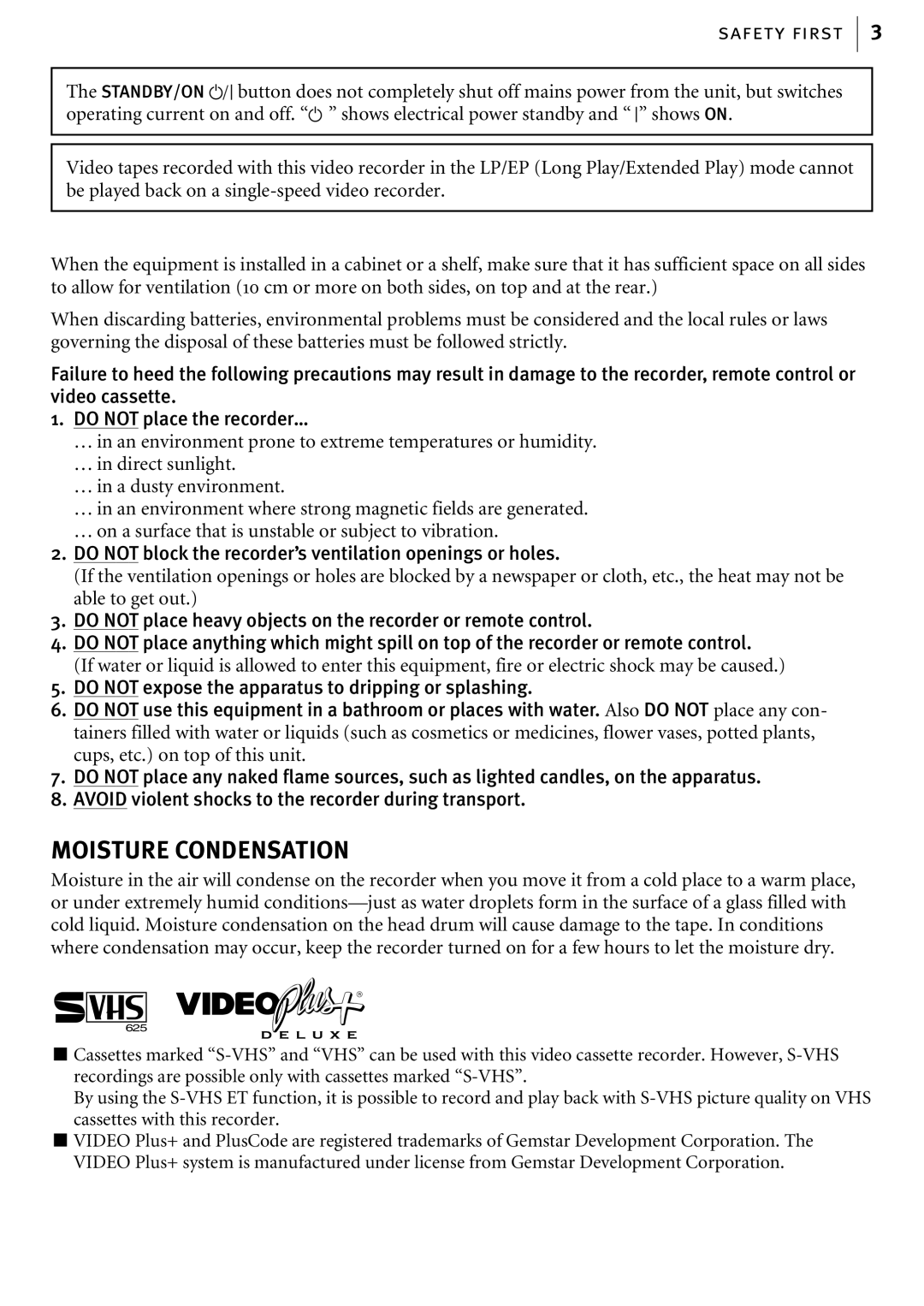 JVC HR-S6855EK, HR-S6856EK, HR-S6857EK manual Moisture Condensation 