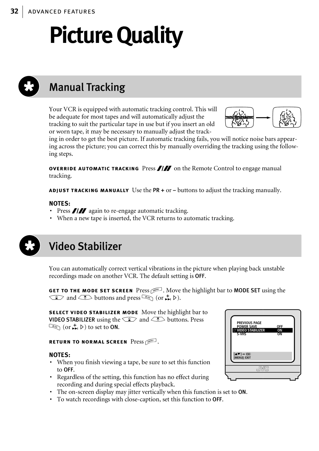 JVC HR-S6857EK, HR-S6855EK, HR-S6856EK manual Picture Quality, Manual Tracking, Video Stabilizer 