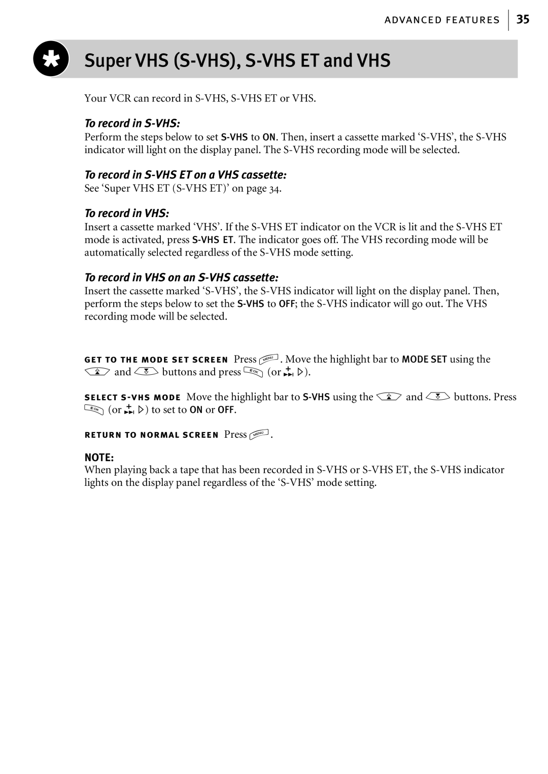 JVC HR-S6857EK, HR-S6855EK, HR-S6856EK manual Super VHS S-VHS, S-VHS ET and VHS, To record in S-VHS 
