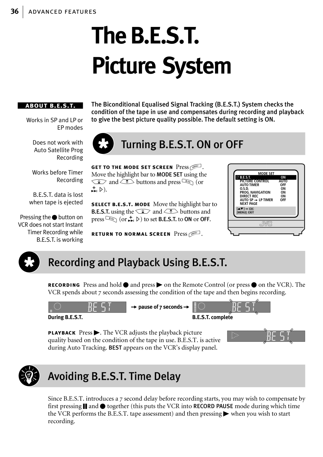 JVC HR-S6855EK, HR-S6856EK Turning B.E.S.T. on or OFF, Recording and Playback Using B.E.S.T, Avoiding B.E.S.T. Time Delay 