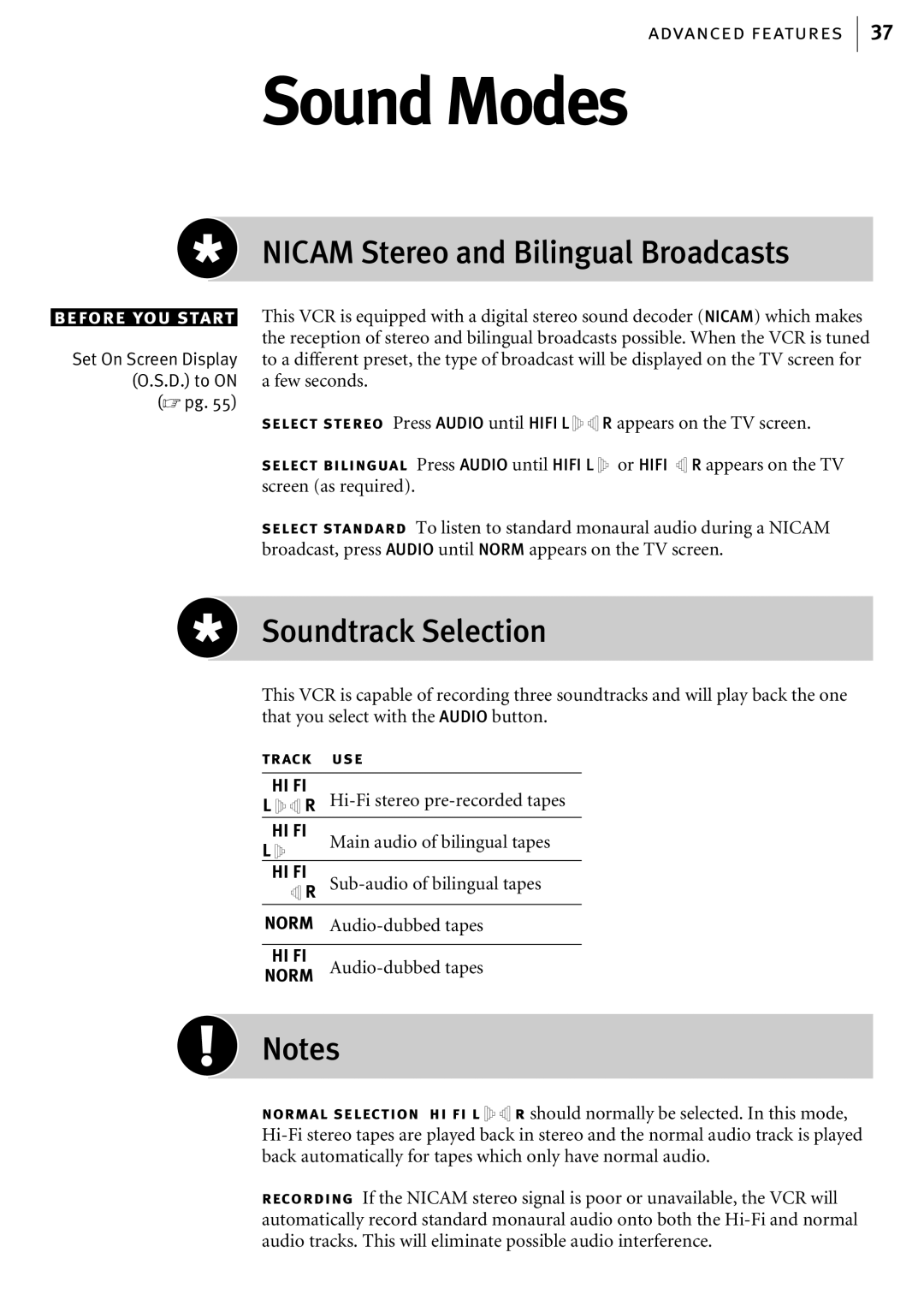 JVC HR-S6856EK, HR-S6855EK, HR-S6857EK manual Sound Modes, Nicam Stereo and Bilingual Broadcasts, Soundtrack Selection 