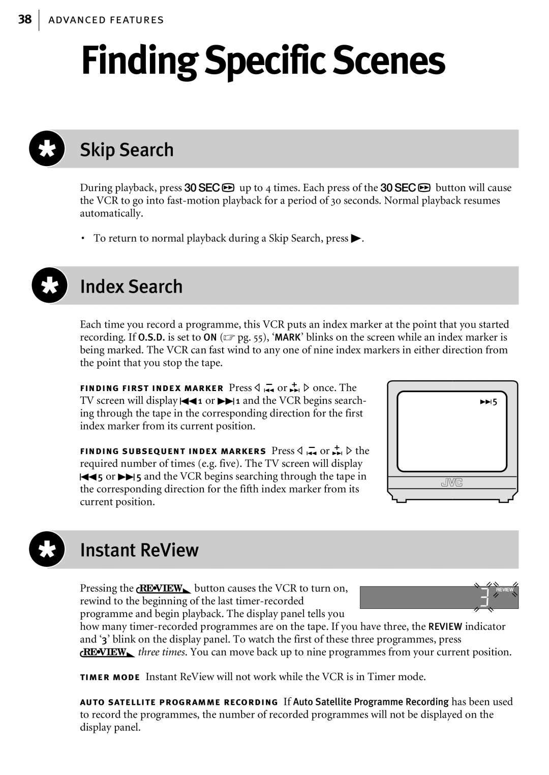 JVC HR-S6857EK, HR-S6855EK, HR-S6856EK manual Finding Specific Scenes, Skip Search, Index Search, Instant ReView 