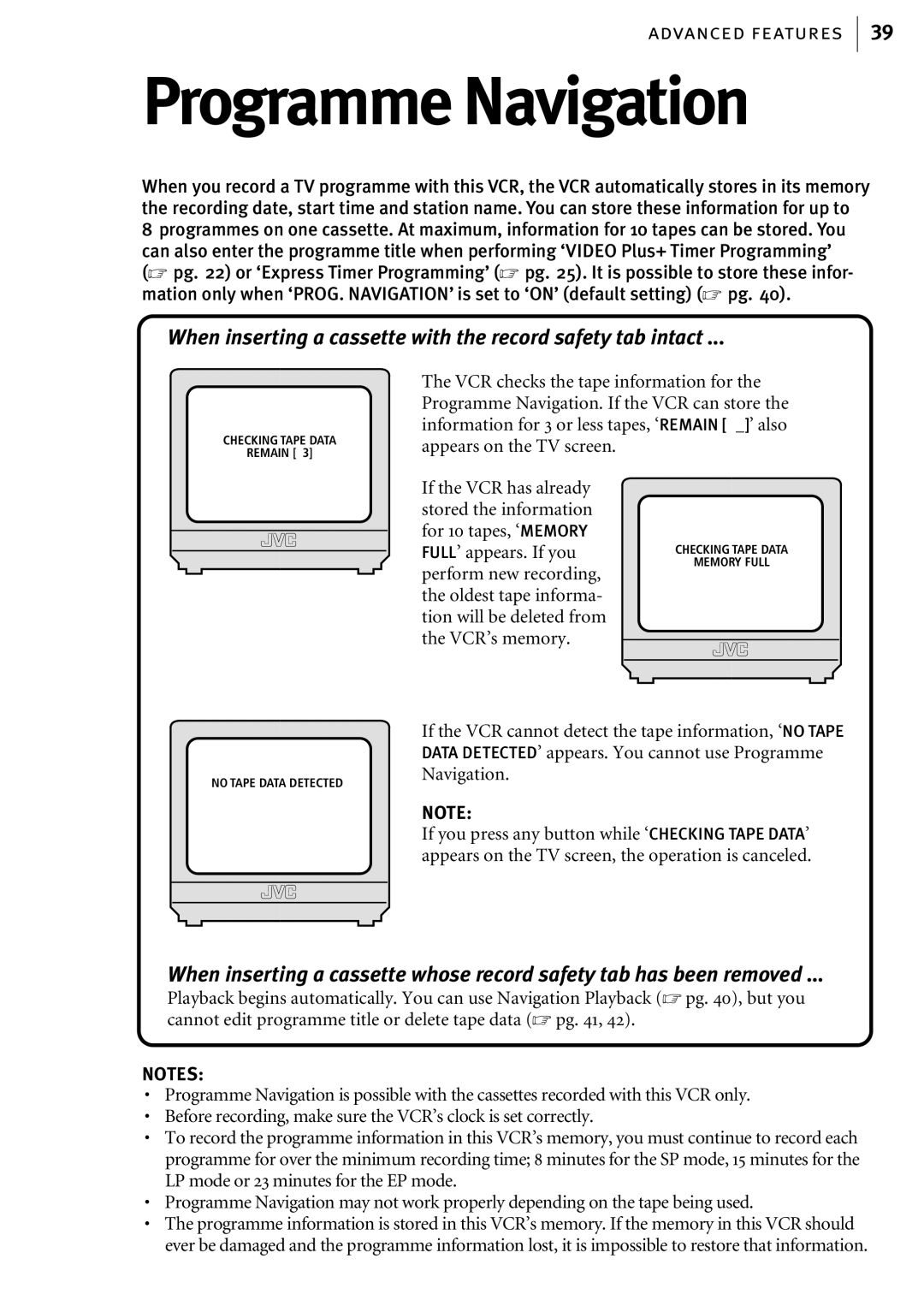 JVC HR-S6855EK, HR-S6856EK, HR-S6857EK Programme Navigation, When inserting a cassette with the record safety tab intact 