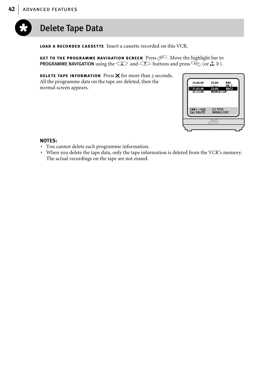 JVC HR-S6855EK, HR-S6856EK, HR-S6857EK manual Delete Tape Data 