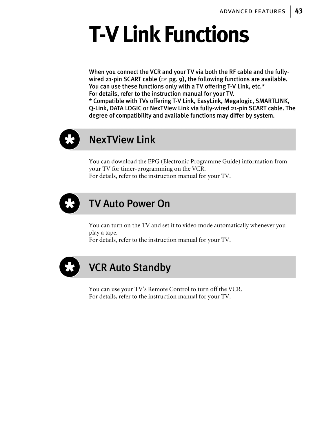 JVC HR-S6856EK, HR-S6855EK, HR-S6857EK manual Link Functions, NexTView Link, TV Auto Power On, VCR Auto Standby 