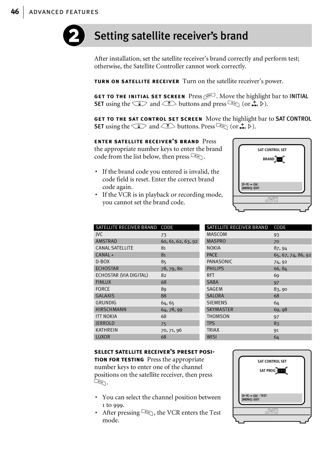 JVC HR-S6856EK, HR-S6855EK, HR-S6857EK manual Setting satellite receiver’s brand, Code 