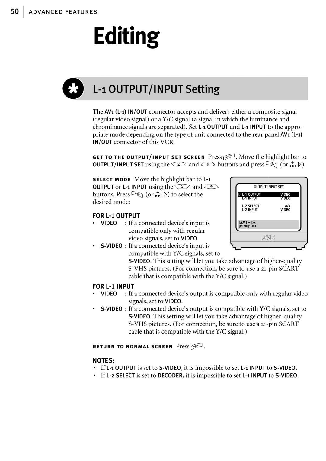 JVC HR-S6857EK, HR-S6855EK, HR-S6856EK manual Editing, OUTPUT/INPUT Setting 