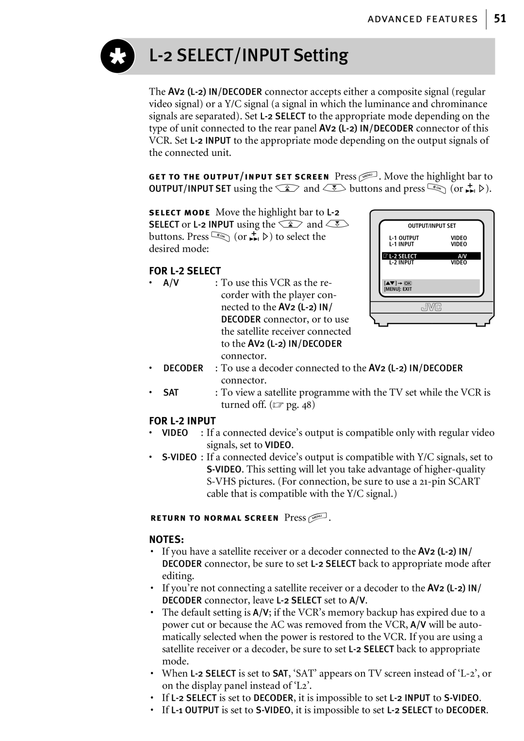 JVC HR-S6855EK, HR-S6856EK, HR-S6857EK manual SELECT/INPUT Setting, For L-2 Select 