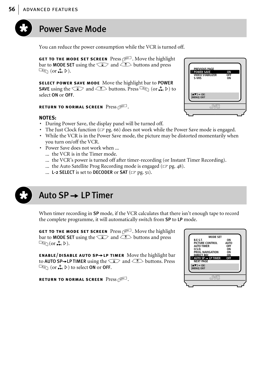 JVC HR-S6857EK, HR-S6855EK, HR-S6856EK manual Power Save Mode, Auto SP aLP Timer 