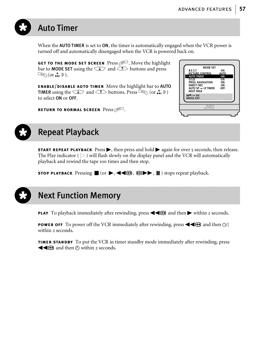 JVC HR-S6855EK, HR-S6856EK, HR-S6857EK manual Auto Timer, Repeat Playback, Next Function Memory 