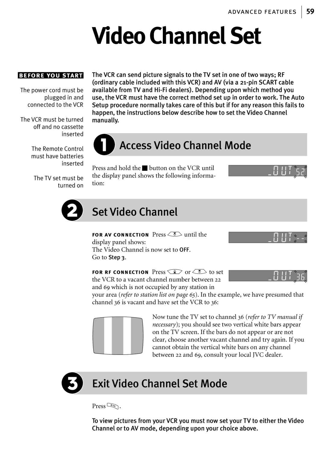 JVC HR-S6857EK, HR-S6855EK, HR-S6856EK manual Access Video Channel Mode, Set Video Channel, Exit Video Channel Set Mode 