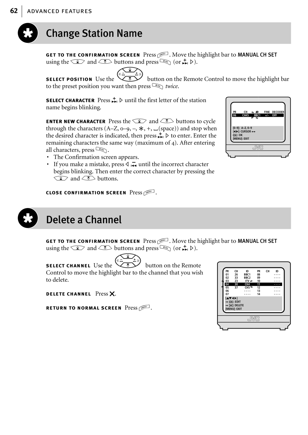 JVC HR-S6857EK, HR-S6855EK, HR-S6856EK manual Change Station Name, Delete a Channel 