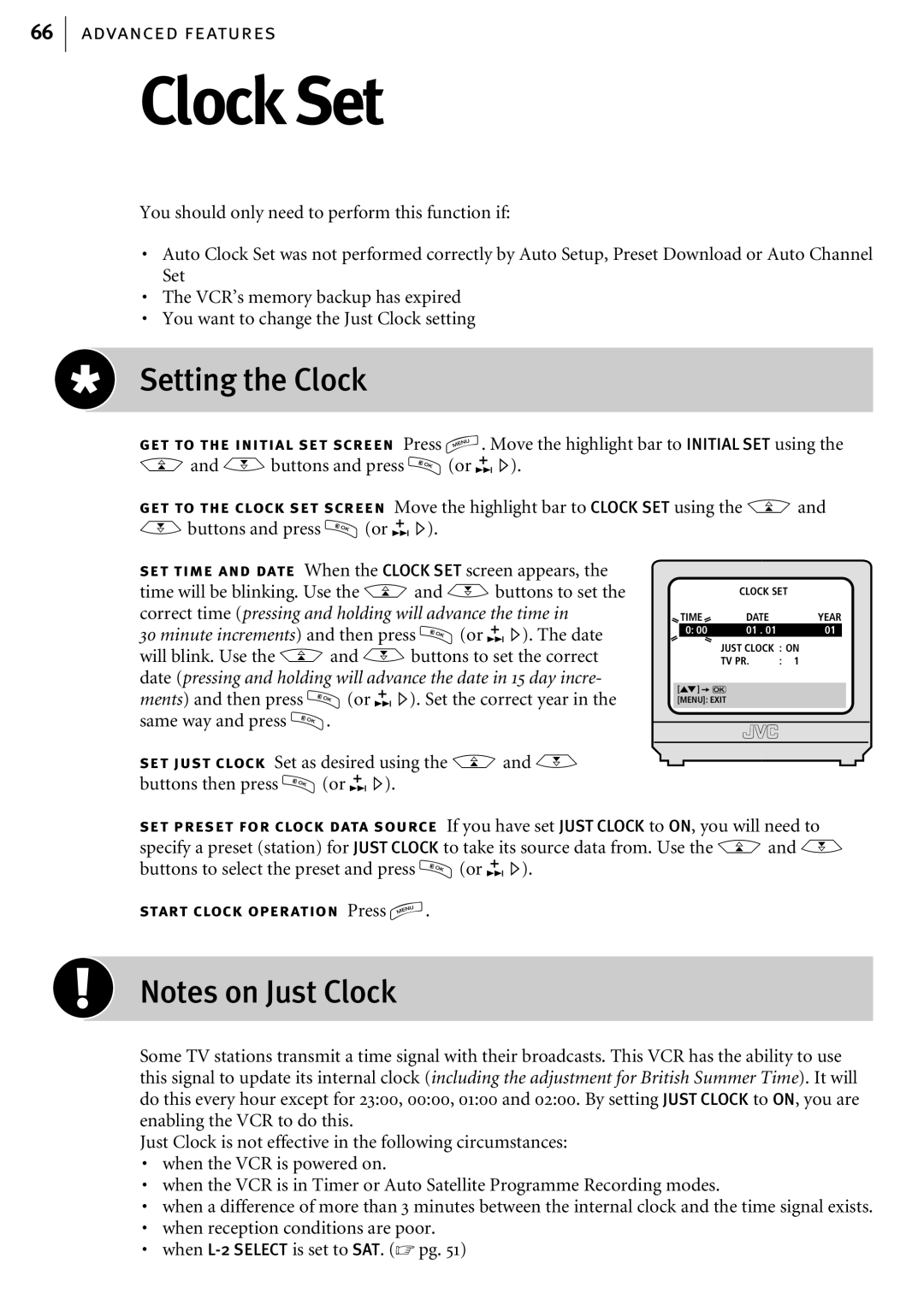 JVC HR-S6855EK, HR-S6856EK, HR-S6857EK manual Clock Set, Setting the Clock 