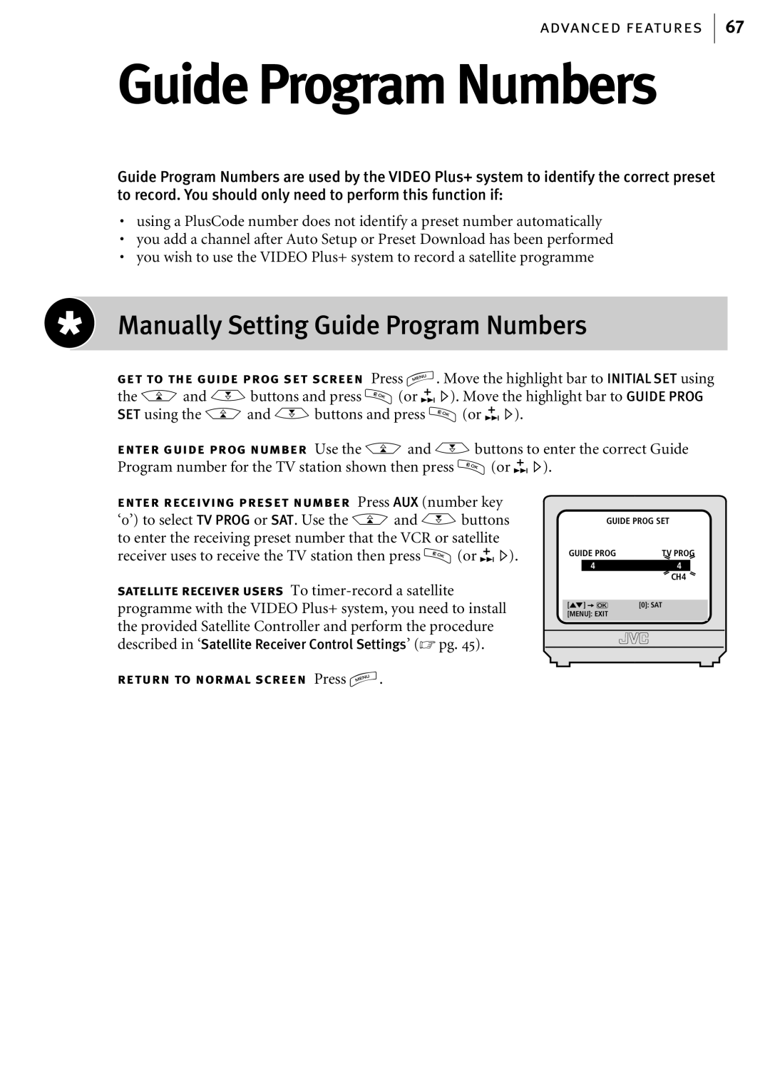 JVC HR-S6856EK, HR-S6855EK, HR-S6857EK manual Manually Setting Guide Program Numbers 