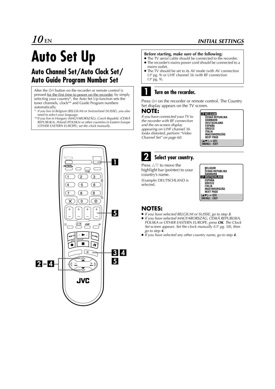 JVC HR-S6950EU Auto Set Up, 10 EN, Turn on the recorder, Select your country, Before starting, make sure of the following 